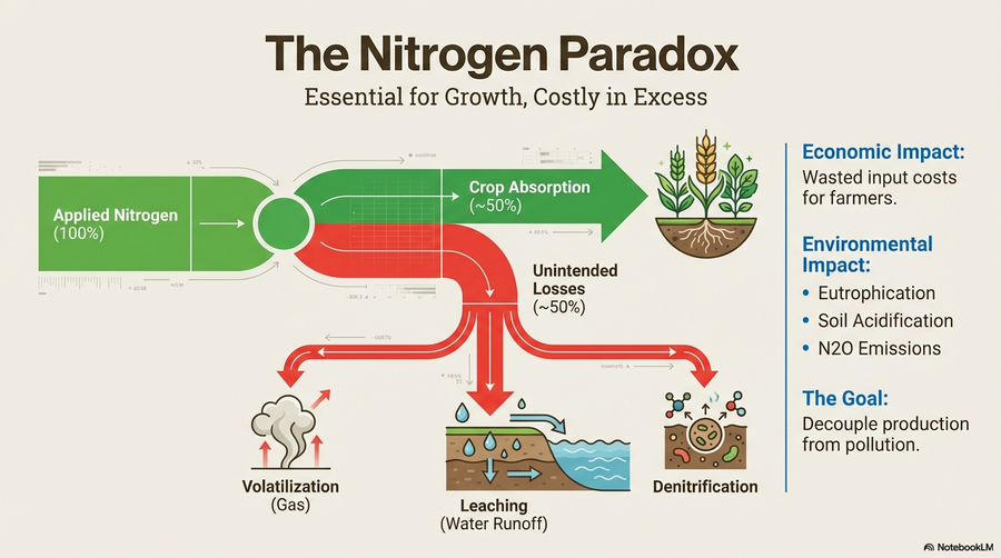 The Nitrogen Paradox — only ~50% of applied nitrogen is absorbed by crops, the rest is lost to the environment
